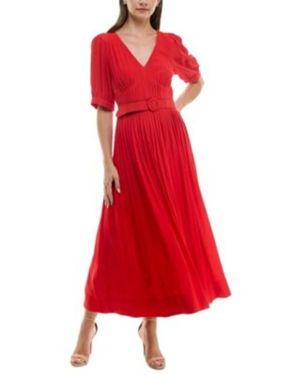 Taylor Women's Pleated Belted Fit & Flare Midi Dress in Red